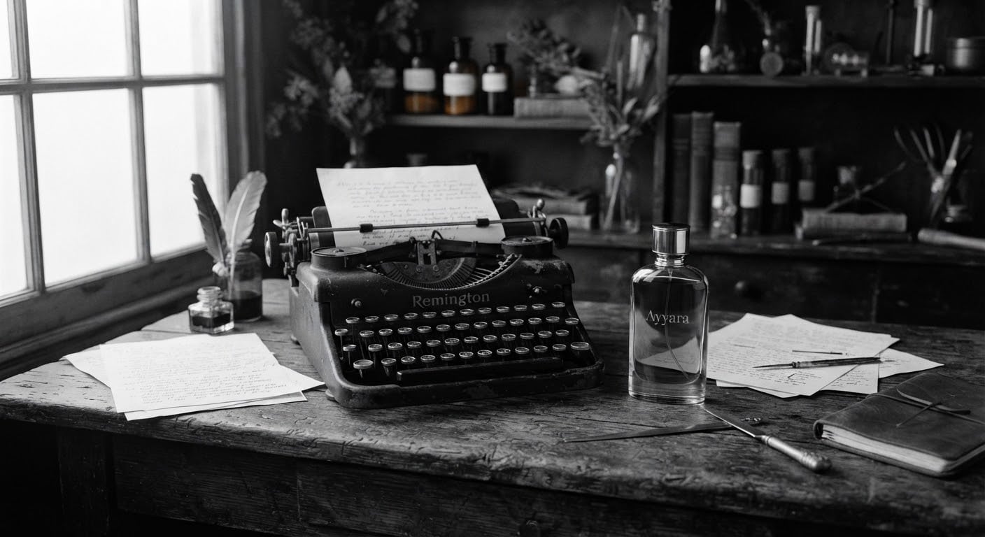 Antique typewriter beside a crystalline perfume flacon labeled Ayyara on a weathered studio desk