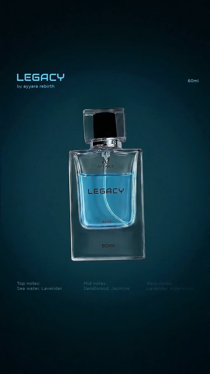 A bottle of LEGACY by Ayyara Rebirth, filled with blue perfume, against a dark teal background