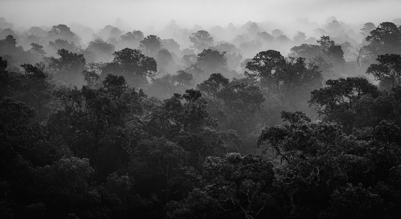 Misty canopy forest landscape in black and white, dramatic atmospheric monochrome foliage, ancient trees reaching through morning haze