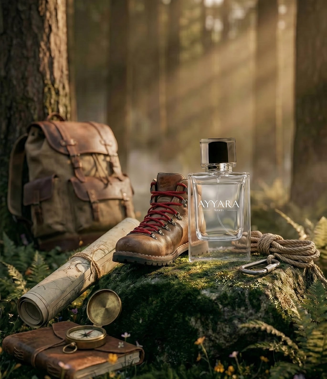 An Ayyara Rebirth bottle on a mossy rock in a sunlit forest, beside hiking boots, a rucksack and a compass